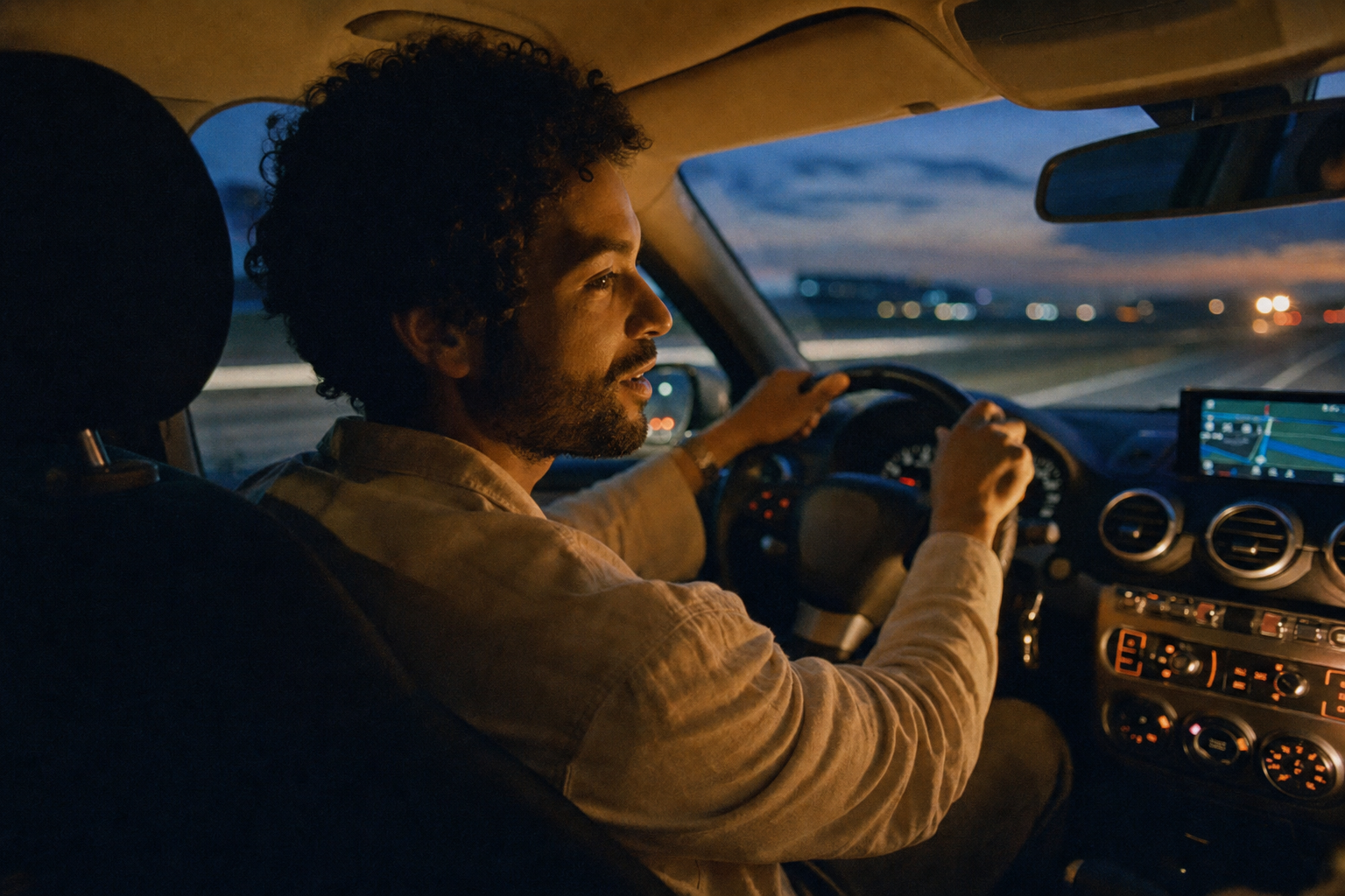 A driver at dusk, cool road light through the windshield.