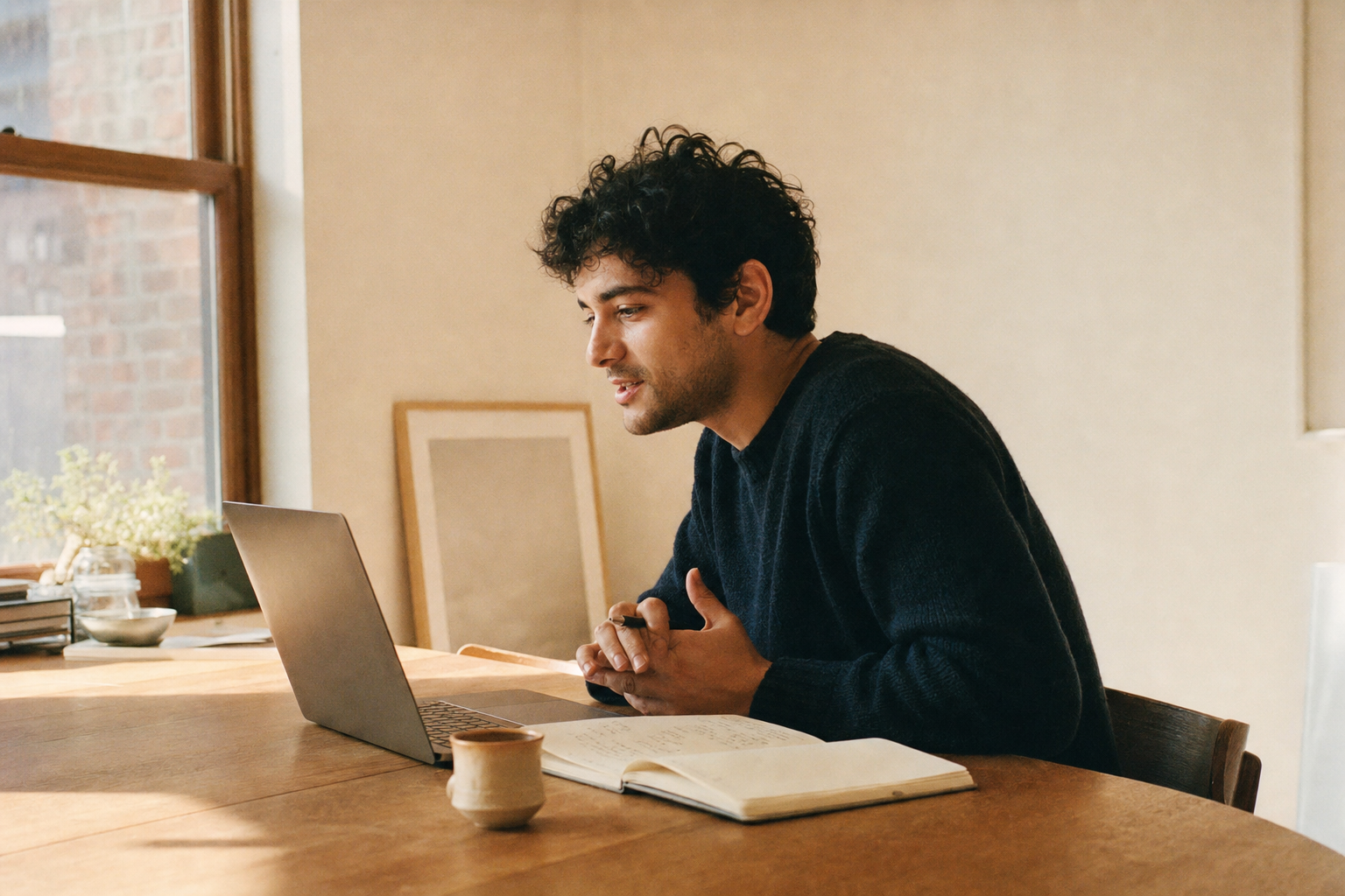 A person at a desk silently mouthing at a laptop.