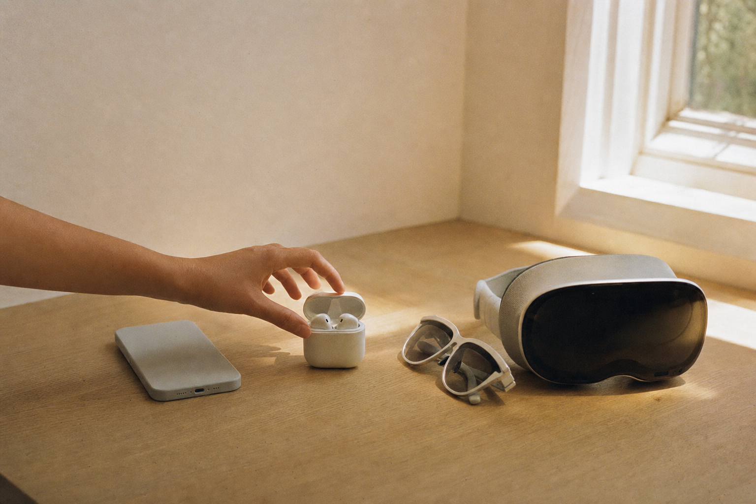 Phone, earbuds, smart glasses, and an XR headset arranged on a warm wooden surface.