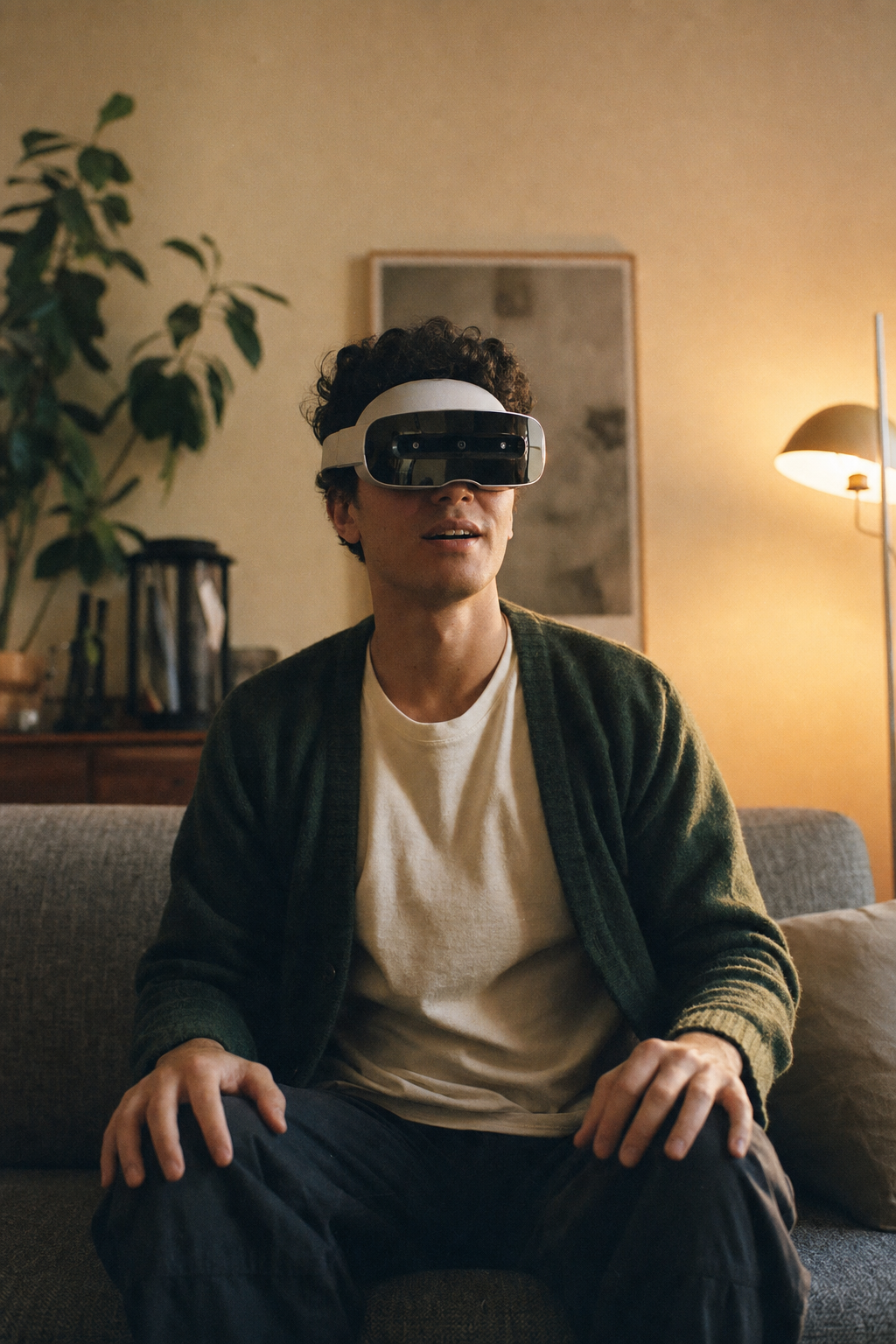 A person on a couch wearing a modern mixed-reality headset.